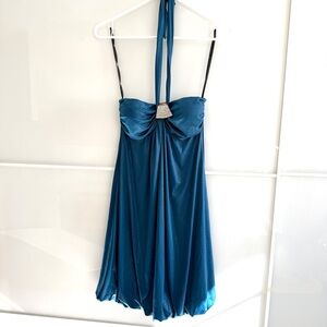 Y2K Prom Homecoming teal blue metallic halter neck mini dress w jeweled accent
